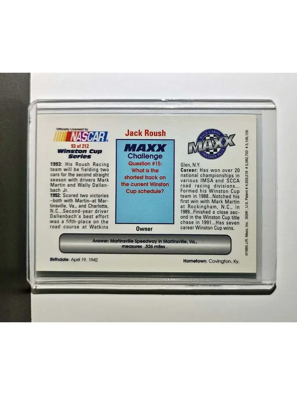 Jack Roush 1993 Maxx Premier Plus Racing #93 NASCAR Card Roush Racing